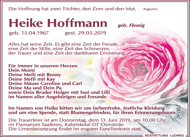  Traueranzeige für Heike Hoffmann vom 08.06.2019 aus Leipziger Volkszeitung