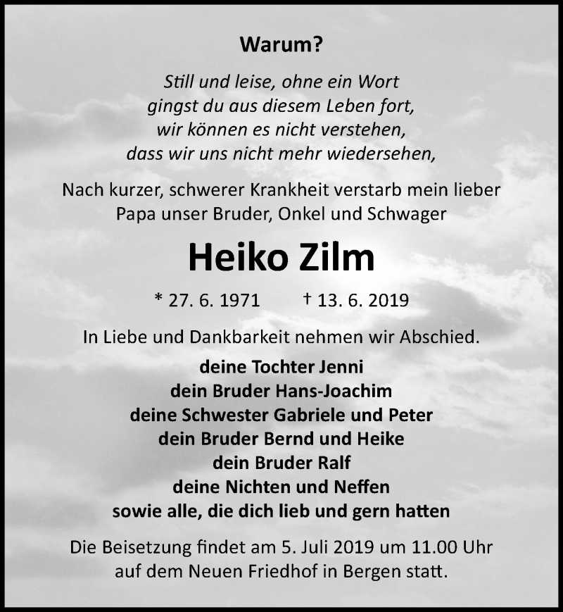  Traueranzeige für Heiko Zilm vom 22.06.2019 aus Ostsee-Zeitung GmbH