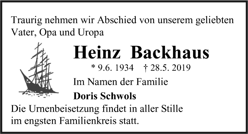  Traueranzeige für Heinz Backhaus vom 01.06.2019 aus Ostsee-Zeitung GmbH