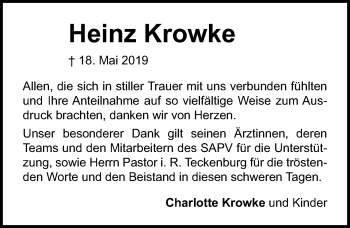 Traueranzeige von Heinz Krowke von Lübecker Nachrichten