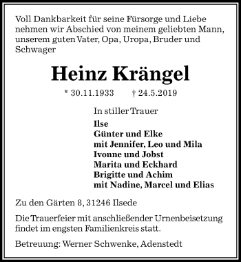 Traueranzeige von Heinz Krängel von Peiner Allgemeine Zeitung