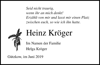 Traueranzeige von Heinz Kröger von Ostsee-Zeitung GmbH