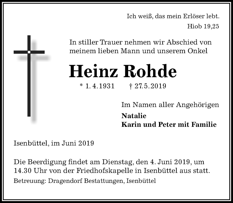  Traueranzeige für Heinz Rohde vom 01.06.2019 aus Aller Zeitung