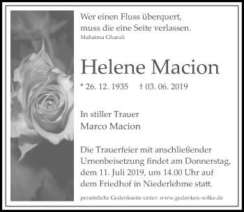 Traueranzeige von Helene Macion von Märkischen Allgemeine Zeitung