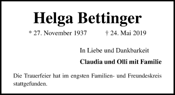 Traueranzeige von Helga Bettfinger von Lübecker Nachrichten