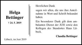 Traueranzeige von Helga Bettinger von Lübecker Nachrichten