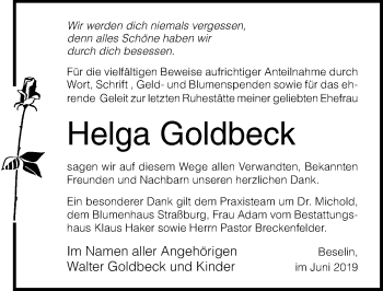 Traueranzeige von Helga Goldbeck von Ostsee-Zeitung GmbH