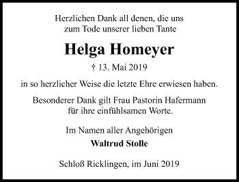 Traueranzeige von Helga Homeyer von Hannoversche Allgemeine Zeitung/Neue Presse