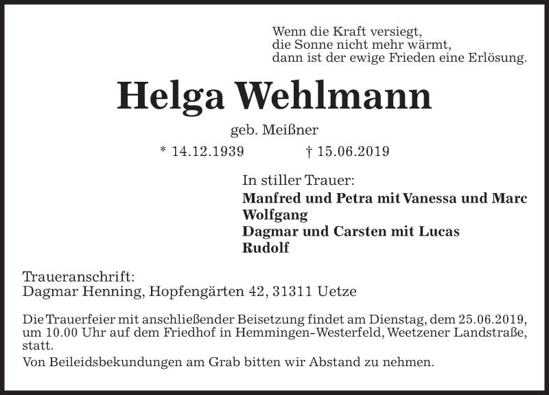  Traueranzeige für Helga Wehlmann vom 22.06.2019 aus Hannoversche Allgemeine Zeitung/Neue Presse