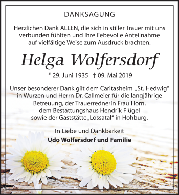 Traueranzeige von Helga Wolfersdorf von Leipziger Volkszeitung