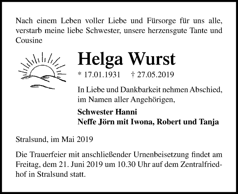 Traueranzeige für Helga Wurst vom 08.06.2019 aus Ostsee-Zeitung GmbH