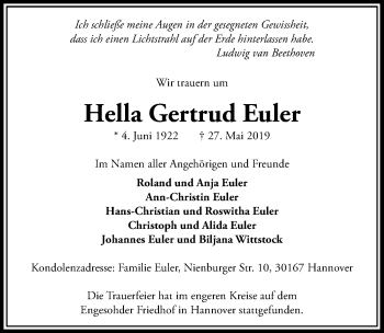 Traueranzeige von Hella Gertrud Euler von Hannoversche Allgemeine Zeitung/Neue Presse