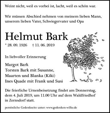 Traueranzeige von Helmut Bark von Märkischen Allgemeine Zeitung