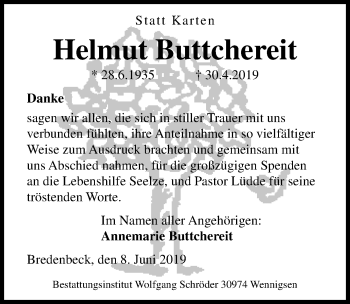 Traueranzeige von Helmut Buttchereit von Hannoversche Allgemeine Zeitung/Neue Presse