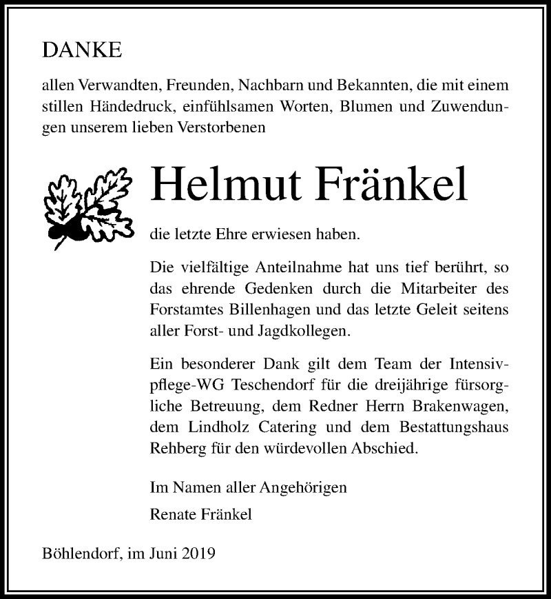  Traueranzeige für Helmut Fränkel vom 22.06.2019 aus Ostsee-Zeitung GmbH