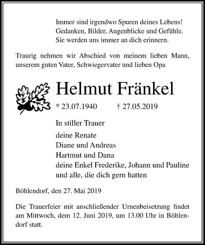  Traueranzeige für Helmut Fränkel vom 01.06.2019 aus Ostsee-Zeitung GmbH