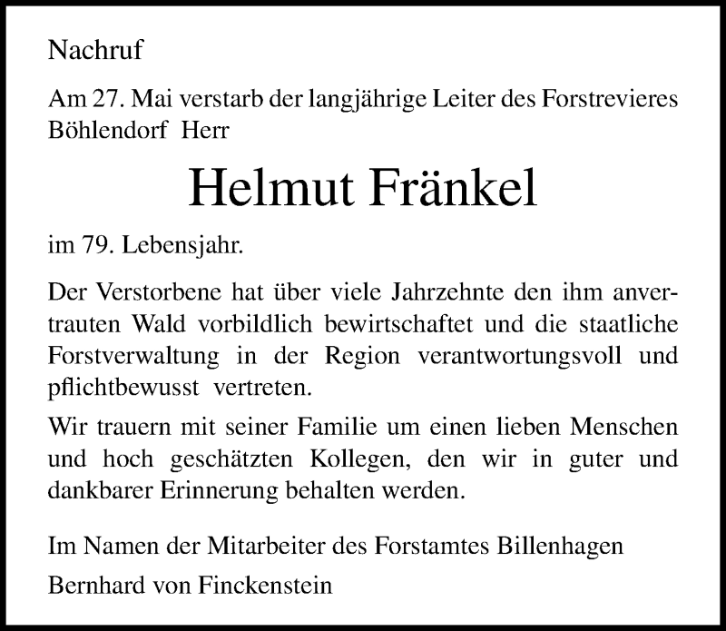  Traueranzeige für Helmut Fränkel vom 08.06.2019 aus Ostsee-Zeitung GmbH