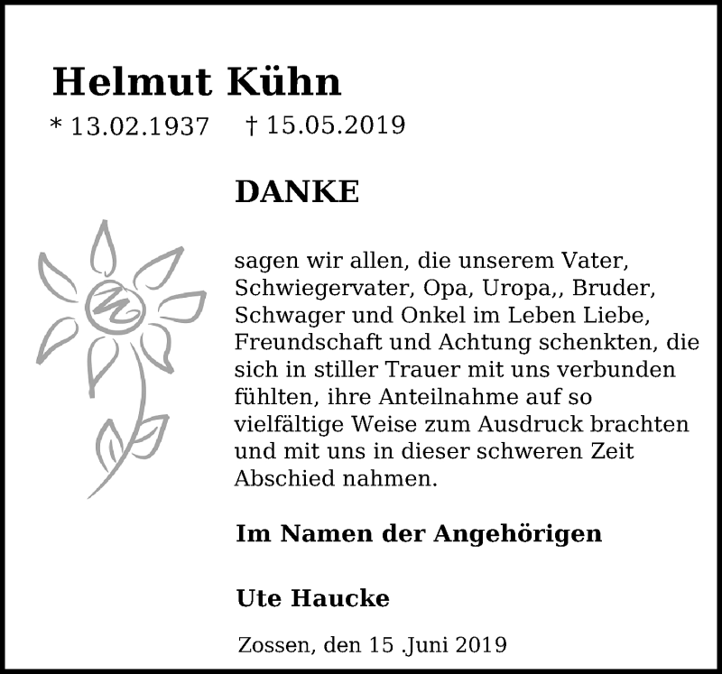  Traueranzeige für Helmut Kühn vom 15.06.2019 aus Märkischen Allgemeine Zeitung