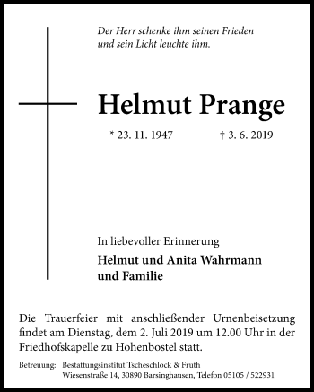 Traueranzeige von Helmut Prange von Hannoversche Allgemeine Zeitung/Neue Presse