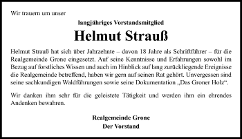 Traueranzeige von Helmut Strauß von Göttinger Tageblatt