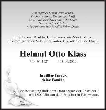 Traueranzeige von Helmut Otto Klass von Märkischen Allgemeine Zeitung