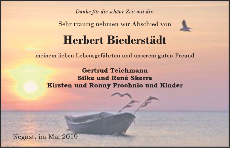  Traueranzeige für Herbert Biederstädt vom 01.06.2019 aus Ostsee-Zeitung GmbH