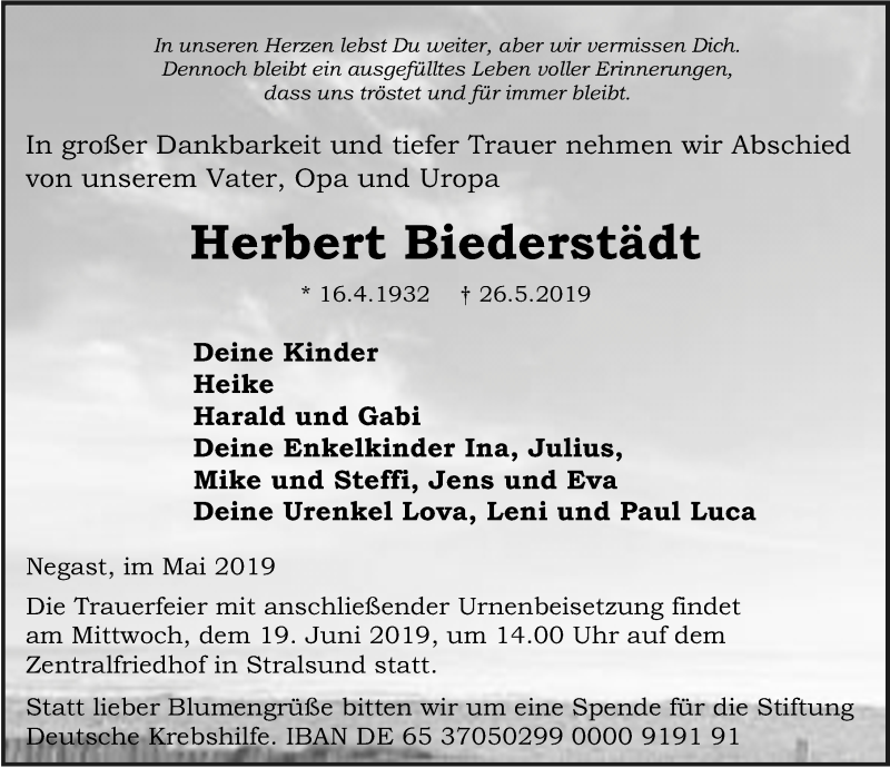  Traueranzeige für Herbert Biederstädt vom 01.06.2019 aus Ostsee-Zeitung GmbH