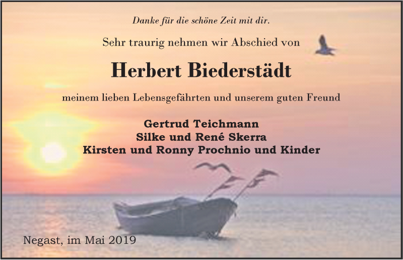  Traueranzeige für Herbert Biederstädt vom 08.06.2019 aus Ostsee-Zeitung GmbH