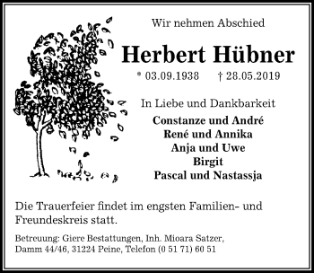 Traueranzeige von Herbert Hübner von Peiner Allgemeine Zeitung