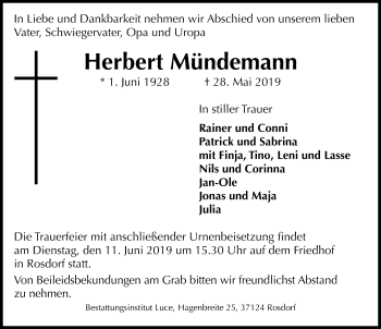 Traueranzeige von Herbert Mündemann von Göttinger Tageblatt
