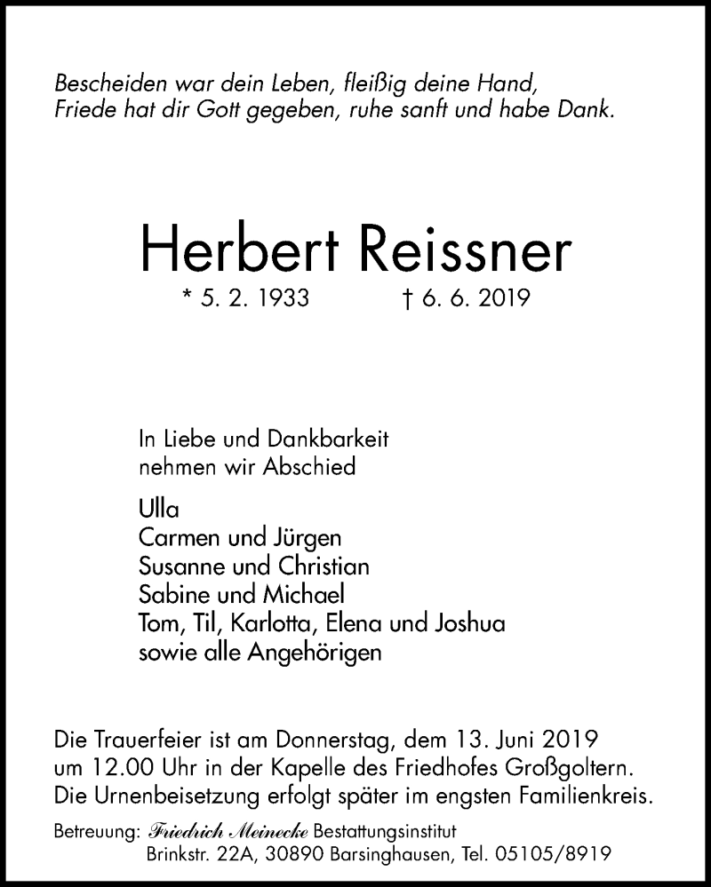  Traueranzeige für Herbert Reissner vom 08.06.2019 aus Hannoversche Allgemeine Zeitung/Neue Presse