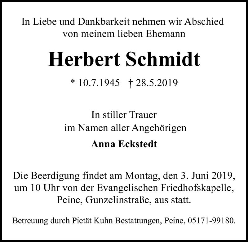  Traueranzeige für Herbert Schmidt vom 01.06.2019 aus Peiner Allgemeine Zeitung