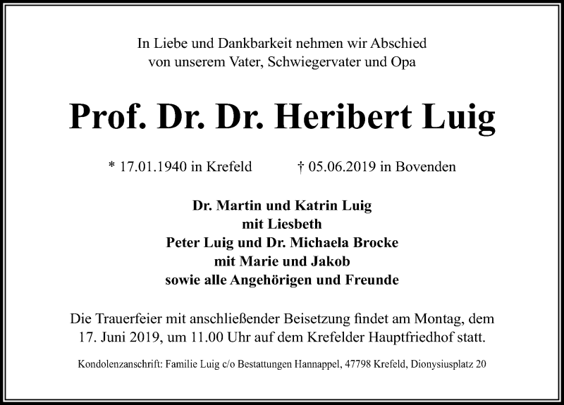  Traueranzeige für Heribert Luig vom 08.06.2019 aus Göttinger Tageblatt