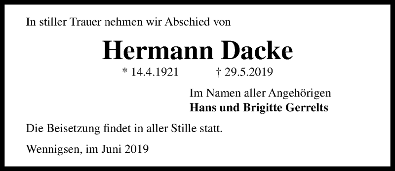  Traueranzeige für Hermann Dacke vom 08.06.2019 aus Hannoversche Allgemeine Zeitung/Neue Presse