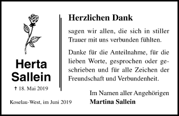 Traueranzeige von Herta Sallein von Lübecker Nachrichten
