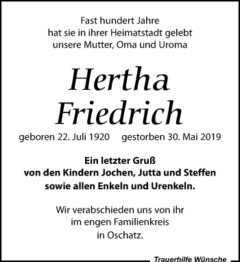Traueranzeige von Hertha Friedrich von Leipziger Volkszeitung