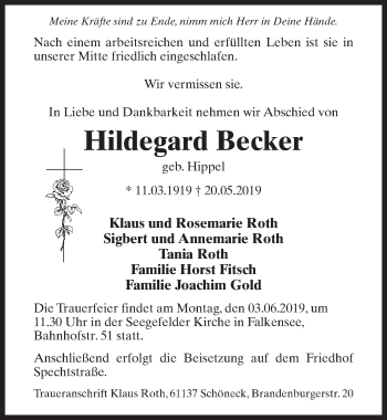 Traueranzeige von Hildegard Becker von Märkischen Allgemeine Zeitung