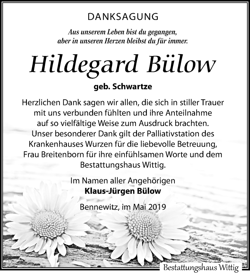  Traueranzeige für Hildegard Bülow vom 08.06.2019 aus Leipziger Volkszeitung