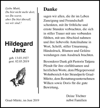 Traueranzeige von Hildegard Janz von Ostsee-Zeitung GmbH