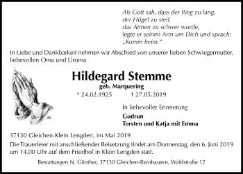 Traueranzeige von Hildegard Stemme von Göttinger Tageblatt