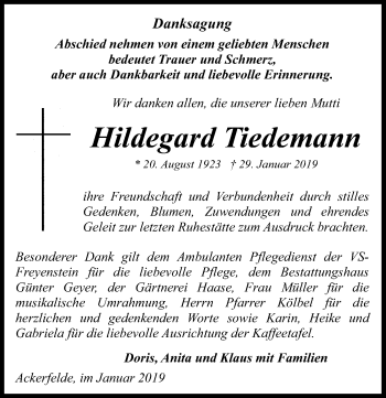 Traueranzeige von Hildegard Tiedemann von Märkischen Allgemeine Zeitung