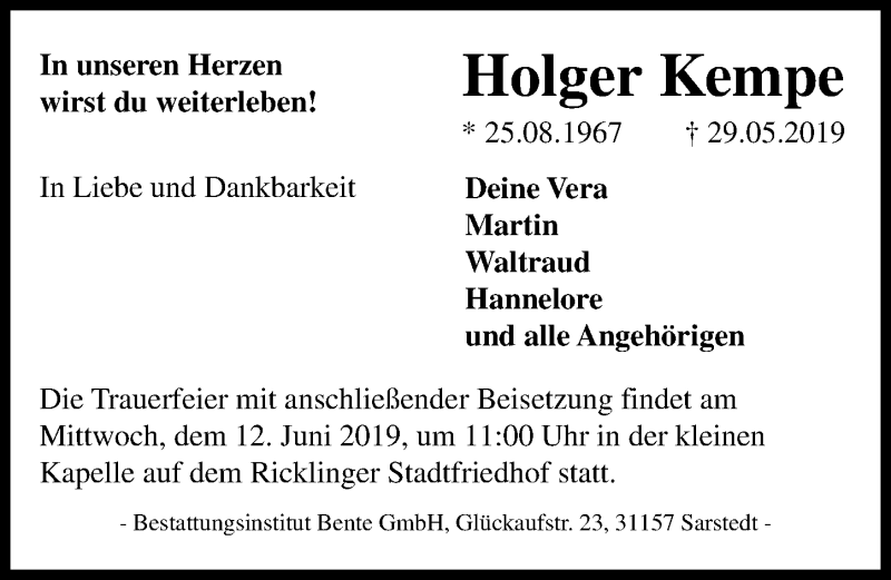  Traueranzeige für Holger Kempe vom 08.06.2019 aus Hannoversche Allgemeine Zeitung/Neue Presse