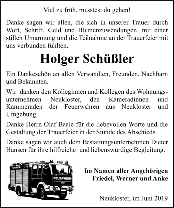 Traueranzeige von Holger Schüßler von Ostsee-Zeitung GmbH