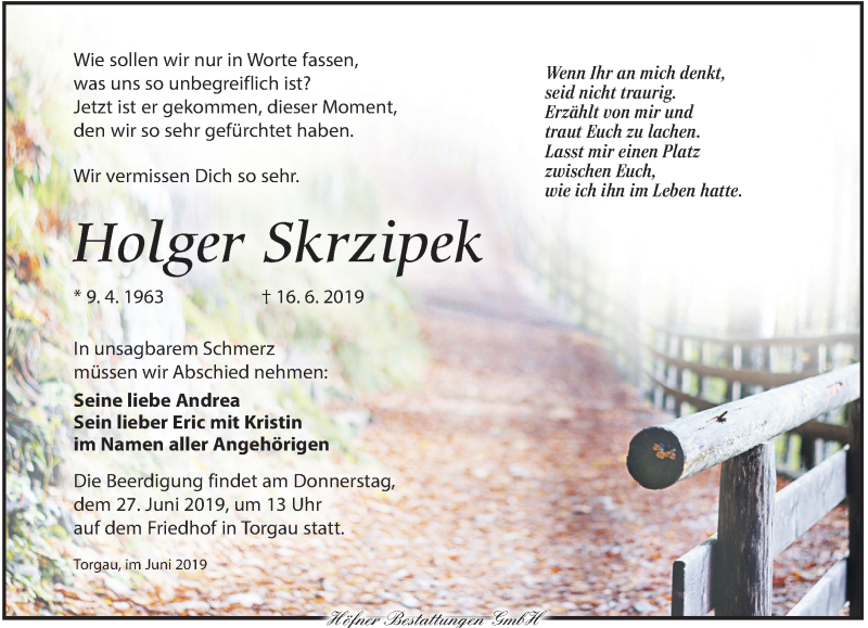  Traueranzeige für Holger Skrzipek vom 22.06.2019 aus Torgauer Zeitung