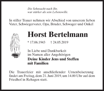 Traueranzeige von Horst Bertelmann von Märkischen Allgemeine Zeitung