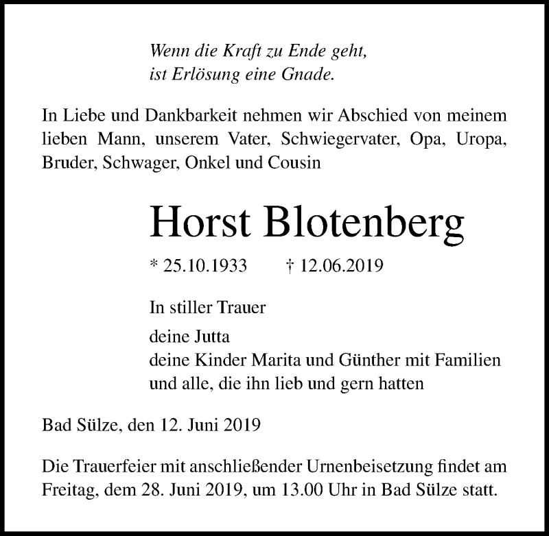  Traueranzeige für Horst Blotenberg vom 22.06.2019 aus Ostsee-Zeitung GmbH