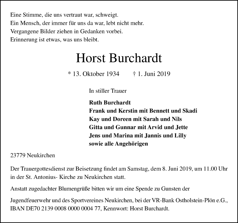 Traueranzeige für Horst Burchardt vom 05.06.2019 aus Lübecker Nachrichten