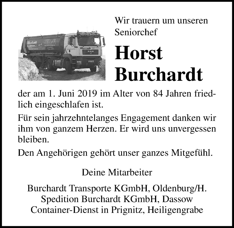  Traueranzeige für Horst Burchardt vom 06.06.2019 aus Lübecker Nachrichten