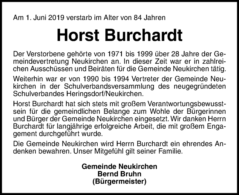  Traueranzeige für Horst Burchardt vom 06.06.2019 aus Lübecker Nachrichten