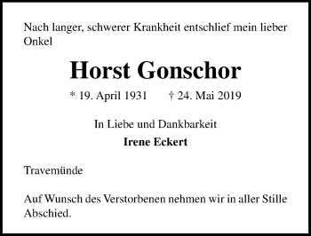 Traueranzeige von Horst Gonschor von Lübecker Nachrichten